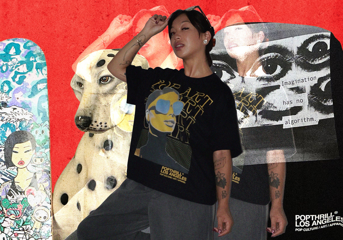 Female model wearing graphic t-shirt created by Popthrill.