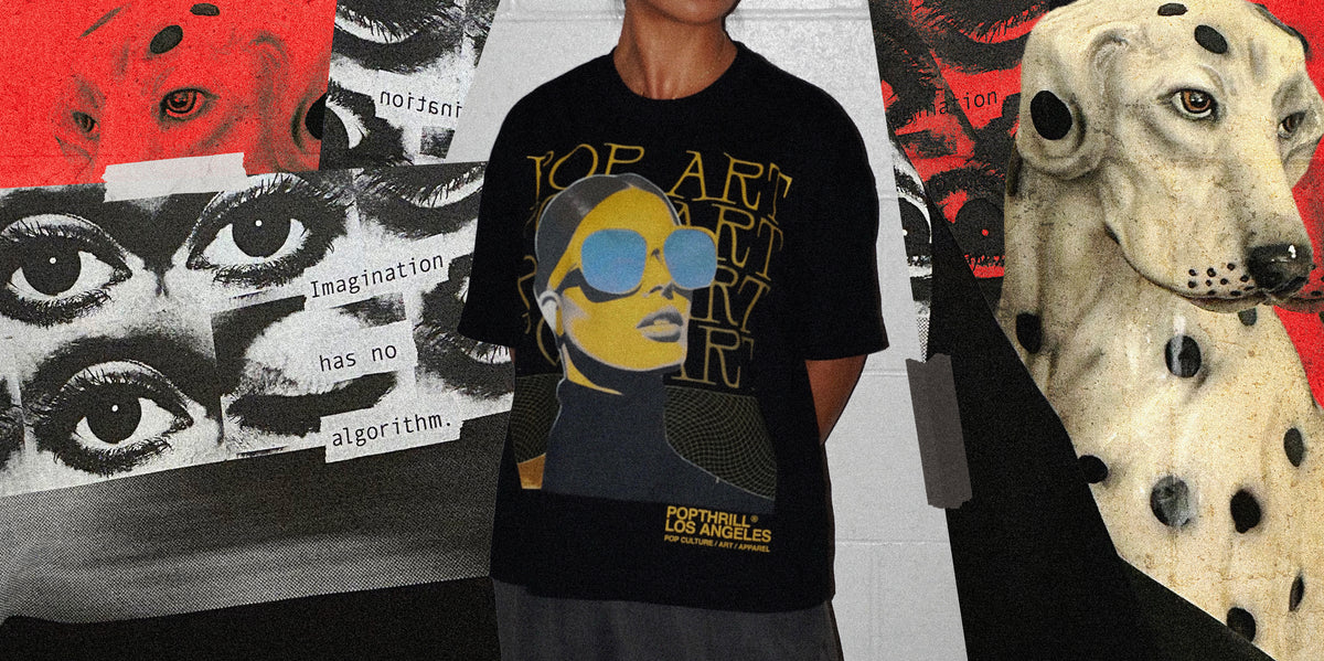 Female fashion model on an artistic background modeling graphic t-shirt.